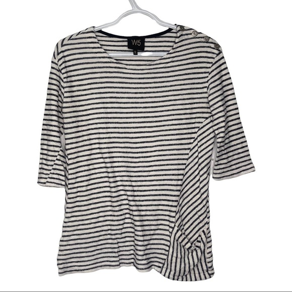 Anthropologie W5 Women’s Medium White Blue Striped 3/4 Sleeve T Shirt Ca… - Picture 1 of 8